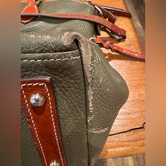 👜 Dooney & Bourke Pebble Leather Dome Satchel (Olive/Russet) purse handbag as is - Picture 15 of 16